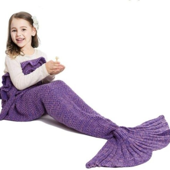 Hand Crafted Other - PURPLE Mermaid Tail Blanket Crocheted SOFT Cocoon Sofa Knit Sleep Sak Bag CHILD